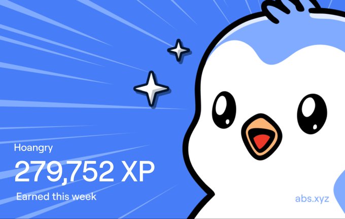 An animated graphic with a blue background features a cartoon penguin character and the text 'Hoangry 279,752 XP Earned this week abs.xyz'.