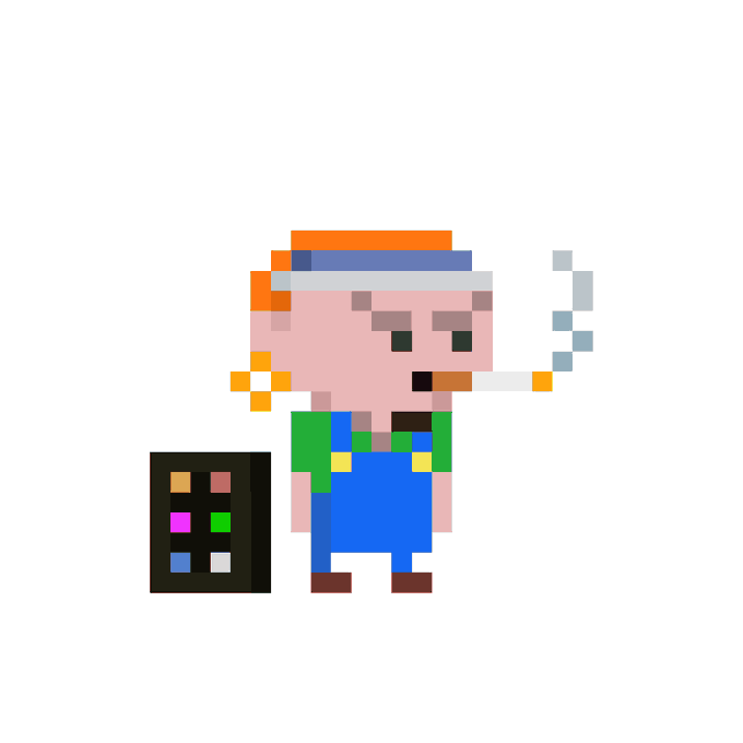A pixel art plumber with orange hair, a green shirt, and blue overalls stands smoking a cigarette next to a black device with colored squares, matching the "Plumberhood" NFT plumbing contractor theme.