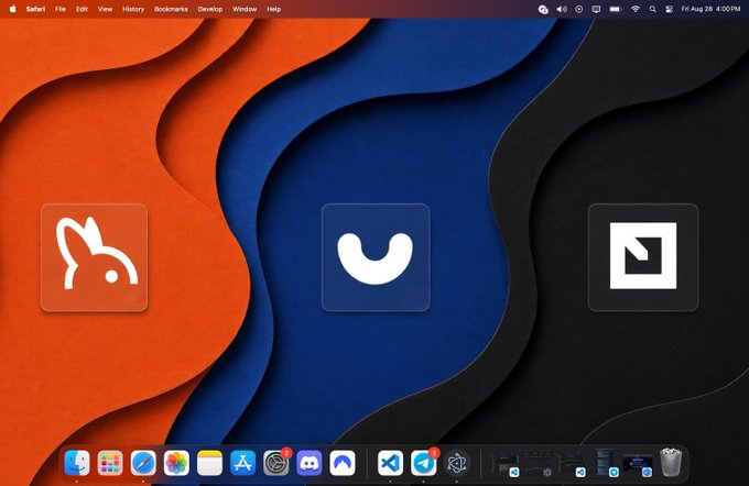 A macOS desktop screen with three large app icons (a rabbit logo, a smile logo, and a square logo) on red, blue, and black wavy backgrounds, with the dock visible at the bottom.