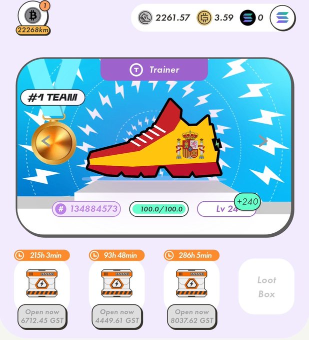 A Stepn app screen showing a Spanish flag sneaker NFT at Level 24 with 134884573 energy, labeled '#1 TEAM' Trainer, along with loot box timers and balances.