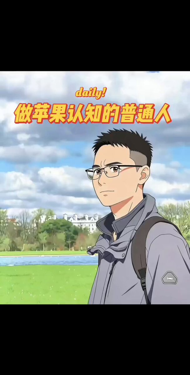 The image features a man wearing glasses, standing outdoors with his back facing the camera. The background of the photo shows a park setting with trees and grass. The caption for the image reads "今天发现有 #币安人生 巨鲸在建仓 #苹果人生 果然好的IP会自己布道。 社区已经成型，接下来我们会持续建设", which seems to be a reference to the post about the man in glasses.
The image is related to the post because it features an illustration of the same man wearing glasses and standing outdoors, with a caption that references him.