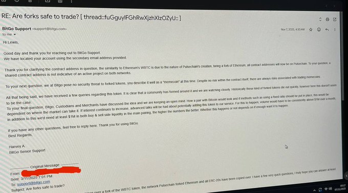 A screenshot of an email from BitGo Support (Harvey A, Senior Support) addressed to 'Hi Lewes' regarding the question 'Are forks safe to trade?', explaining forked tokens and citing Bitcoin Cash as an example.