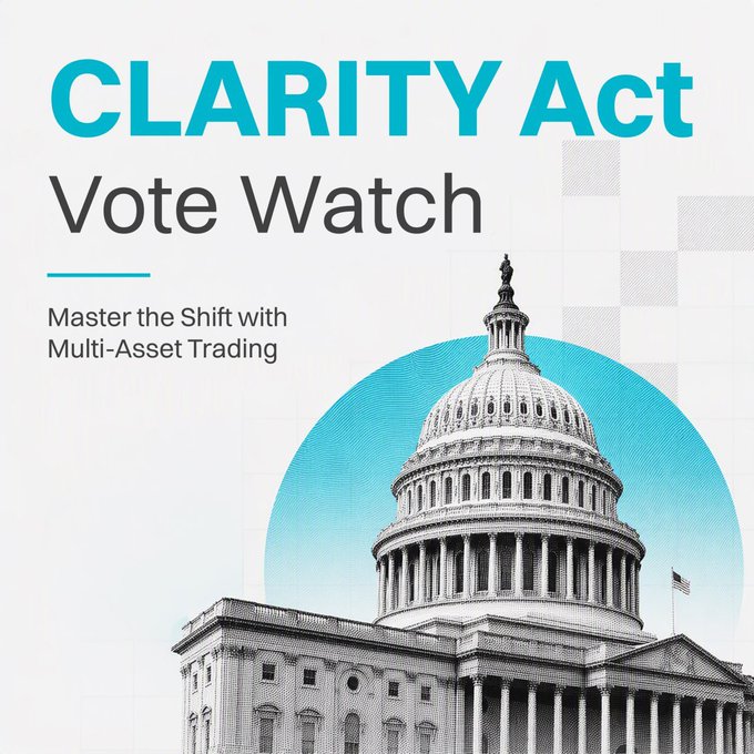 A promotional graphic reads 'CLARITY Act Vote Watch' and 'Master the Shift with Multi-Asset Trading' alongside an illustration of the US Capitol building.