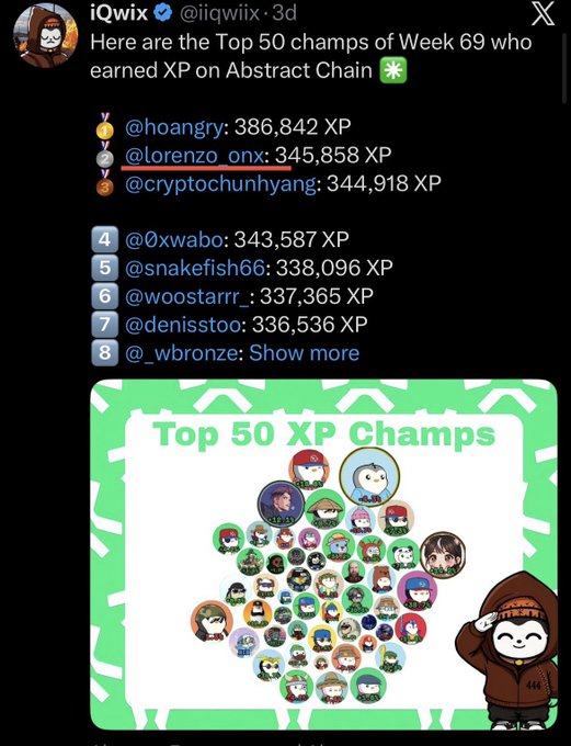 The image focuses on a post about abstractchainxpshow that includes an infographic, likely ranking or scoring system for different players. The infograph features various characters or icons from popular games such as Minecraft, The Legend of Zelda, and Pokemon. The characters are placed at the top and bottom sections of the infographic with their XP values displayed. A Twitter hashtag (#Top50XPChampsWeeks69) is also present in the image, possibly indicating the name of an event or competition related to abstractchainxpshow participants.