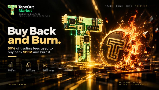 A promotional banner for TapeOut Market features a glowing circuit-board "T" logo and a flaming "$BEM" coin engulfed in flames, highlighting its "Buy Back and Burn" initiative where 50% of trading fees will be used to buy back and burn $BEM tokens, with side icons emphasizing "MORE TRADING," "MORE BUYBACKS," and "MORE BEM BURNED."