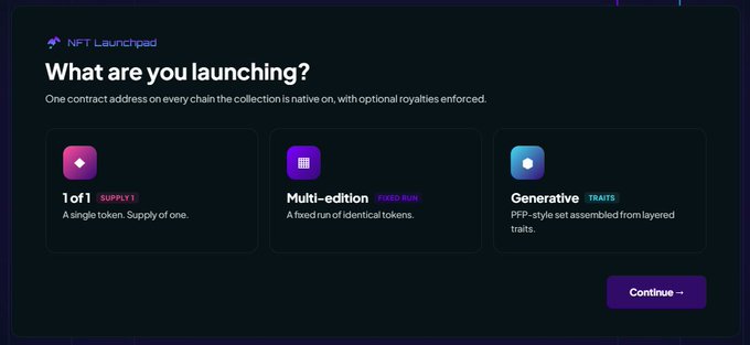 An NFT Launchpad interface asking 'What are you launching?' with three options for collection types: '1 of 1 SUPPLY 1', 'Multi-edition FIXED RUN', and 'Generative TRAITS'.