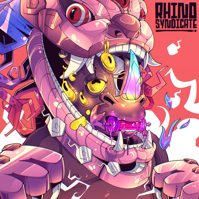 Vibrant digital artwork labeled 'RHINO SYNDICATE' depicting a stylized character with a large pink rhinoceros-like helmet and a face with multiple yellow eyes.
