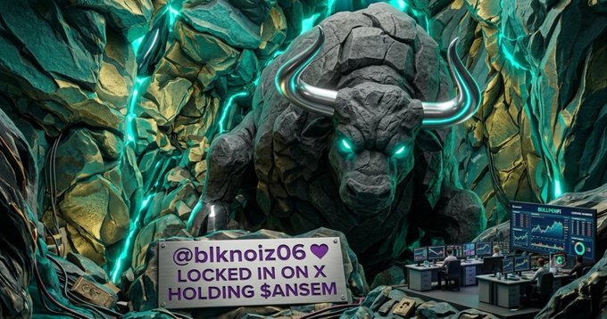 A digital illustration of a stone bull creature with glowing teal horns in a crystalline cave, featuring a control room overlay and text reading '@blknoiz06 LOCKED IN ON X HOLDING $ANSEM'.