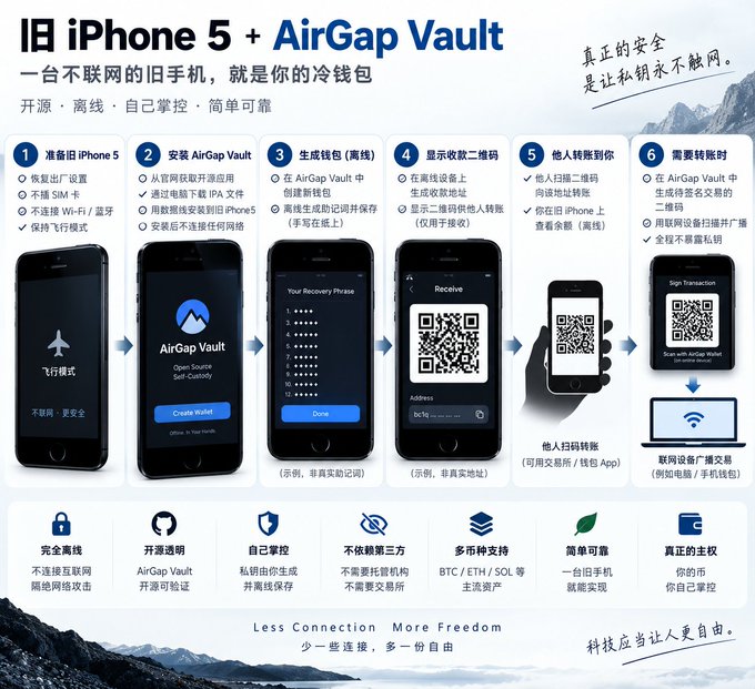 An infographic titled "旧 iPhone 5 + AirGap Vault" showing a 6-step process in Chinese for setting up a cryptocurrency cold wallet on an old, air-gapped iPhone.