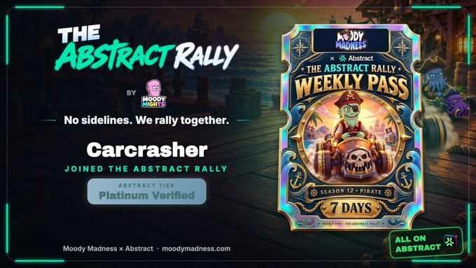 A promotional graphic for 'The Abstract Rally' by Moody Madness featuring a 'Weekly Pass' NFT for 'Carcrasher' with Platinum Verified Abstract Tier status and Season 12 Pirate theme.