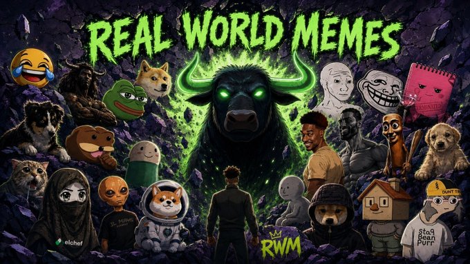 The image is a promotional graphic for "Real World Memes" featuring a central figure facing a glowing green-eyed bull surrounded by various popular internet memes including the crying laughing emoji, Doge, Pepe, Wojak, the stonks guy, and others, with "RWM" branding and the "elchef" watermark visible. The bold text and meme collage align with the post's announcement of the meme-themed token launching on pump.fun.