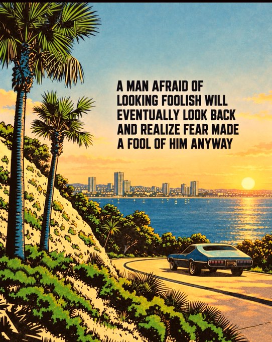 A retro-style illustration of a classic car driving along a coastal road at sunset with palm trees, featuring the quote: 'A MAN AFRAID OF LOOKING FOOLISH WILL EVENTUALLY LOOK BACK AND REALIZE FEAR MADE A FOOL OF HIM ANYWAY.'