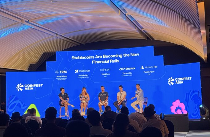 A panel discussion at Coinfest Asia titled 'Stablecoins Are Becoming the New Financial Rails' featuring speakers from TRM, xweave, Coins.ph, StraitsX, and Alchemy Pay.
