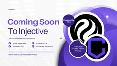 A purple promotional graphic displays 'Coming Soon To Injective' alongside a stylized 'I' logo, with 'SALE' and 'The $12 10% of Tokens are Available Now' highlighted.
