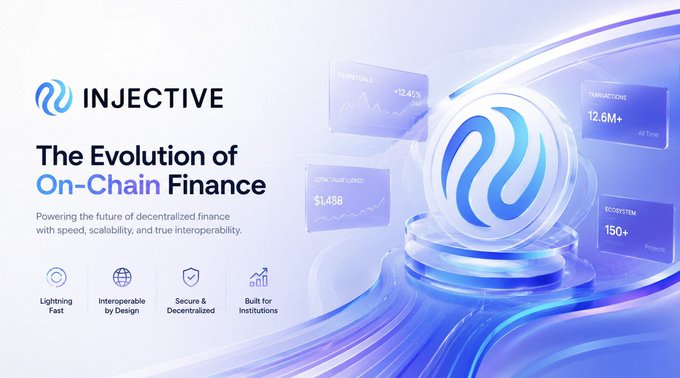 The image features a poster for an online marketplace called Injective. The poster showcases a blue ball with a white swirl design at its center, surrounded by various icons representing different aspects of On-chain finance. The text on the poster highlights that Injective is leading the evolution of On-chain finance and has been recognized in Coinbase's COIN50 summary for their innovative approach to blockchain technology.