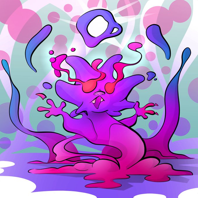 A stylized digital illustration of a purple and pink amorphous creature or spirit with red glowing eyes, surrounded by floating droplet shapes against a pastel patterned background.