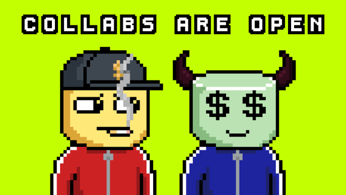 Identical pixel art illustration on a bright green background featuring two characters: one wearing a gray cap and red jacket, the other a green horned figure with dollar signs for eyes in a blue jacket. Text at top reads 'COLLABS ARE OPEN'.