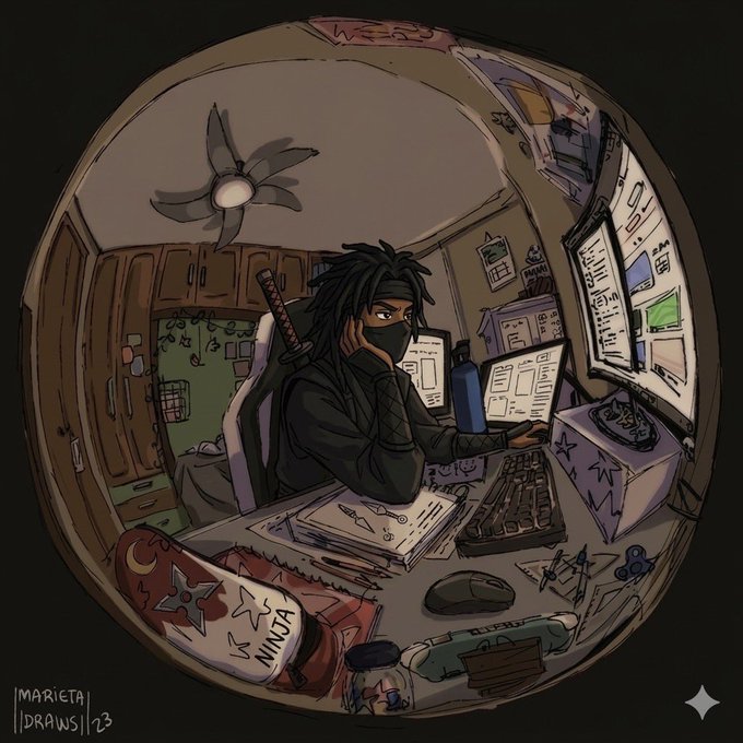 Digital artwork by Marieta Draws '23 depicting a hooded/dreadlocked ninja-like figure with a sword sitting at a cluttered desk with multiple monitors, viewed through a fish-eye lens effect.