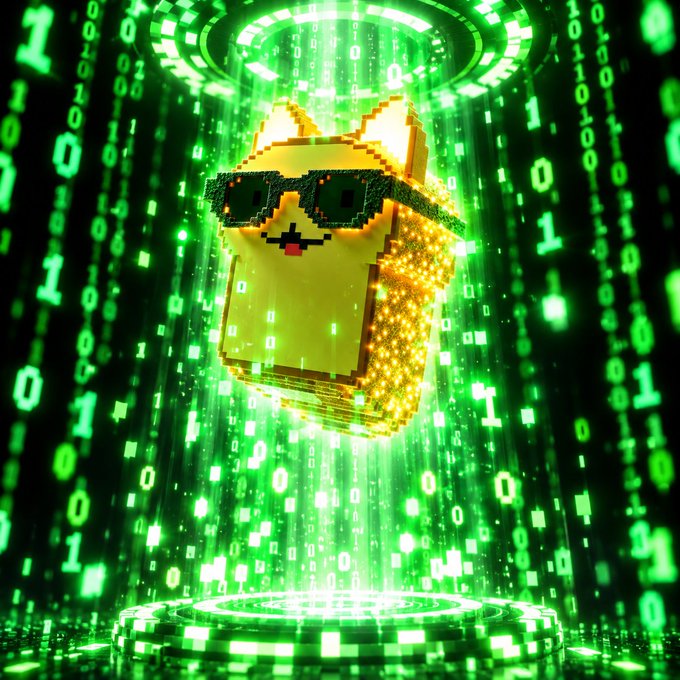A voxel-style pixelated cat character wearing sunglasses floats within a green digital matrix made of ones and zeros.