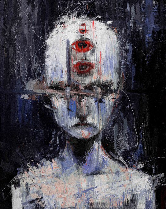 A dark, expressionist painting of a figure with multiple red eyes stacked on its forehead against a black and blue background, rendered in a textured, painterly style.