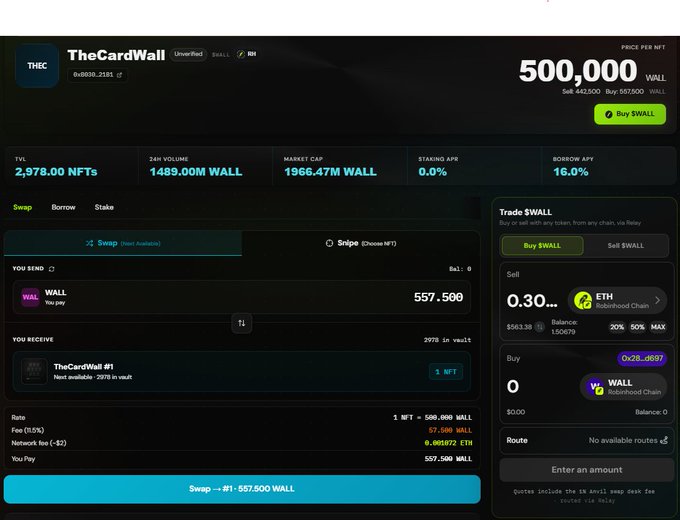 The image shows a cryptocurrency/NFT trading interface for "TheCardWall" project on a platform using WALL token, displaying a swap interface where 1 NFT (#1) is being traded for 557.500 WALL with key metrics showing a TVL of 2,978.00 NFTs, 24H volume of 1489.00M WALL, and a market cap of 1966.47M WALL. This relates to the post by showing an early swap transaction for TheCardWall NFTs, where the user is verifying the project's legitimacy by tracing transactions from the NFT contract deployment address.