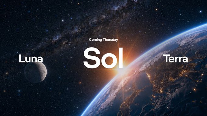 A cosmic promotional graphic features a starry space backdrop with a crescent moon labeled "Luna" on the left, the Sun rising over Earth labeled "Terra" on the right, and the bold text "Sol" with "Coming Thursday" centered, teasing the launch of these three new crypto assets.