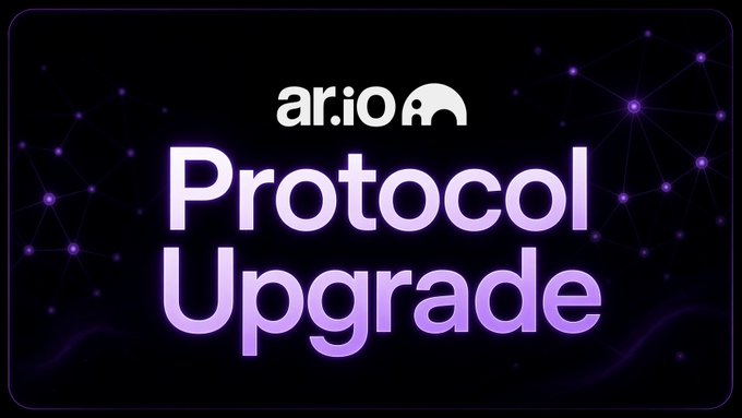 A graphic with a black background and purple network nodes displaying the ar.io logo and the text 'Protocol Upgrade' in glowing purple letters.