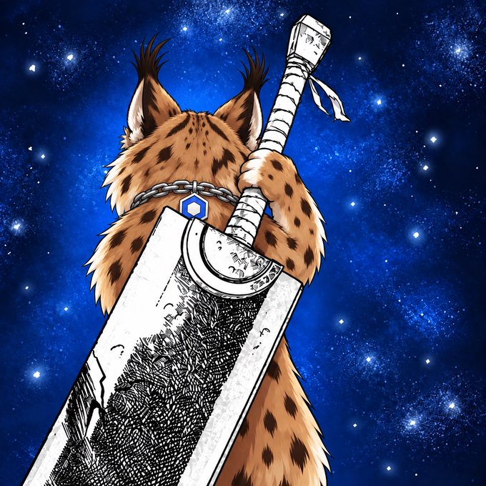 An anime-style illustration of a character with spotted brown hair seen from behind, carrying a large, worn sword over their shoulder against a starry night sky.