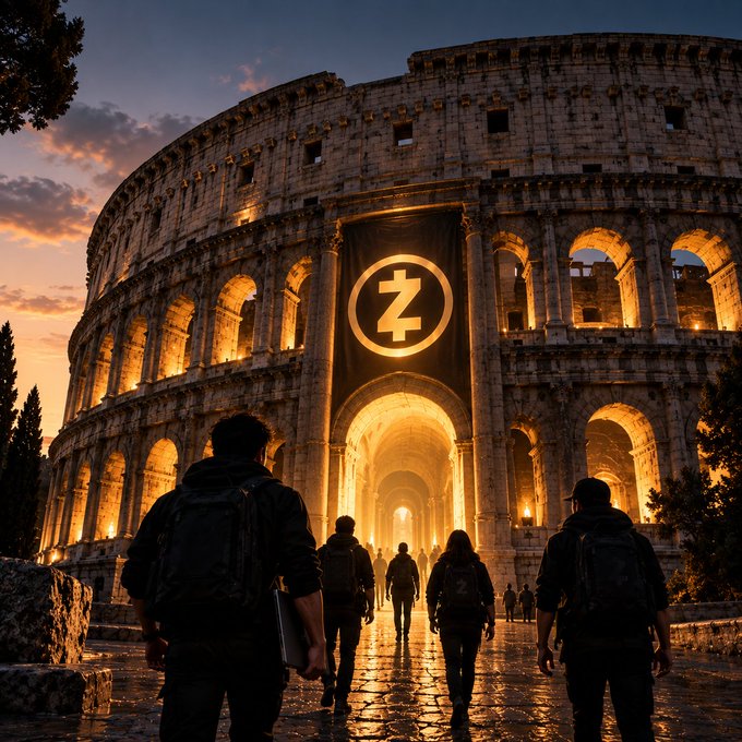 An image of the Roman Colosseum at sunset with a large black banner displaying the Zcash (ZEC) cryptocurrency logo hanging on its facade, as people with backpacks walk toward its illuminated entrance.