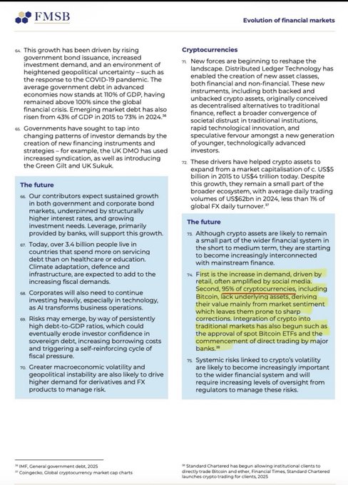 The image is a page from the Financial Markets Standards Board (FMSB) titled "Evolution of financial markets," discussing growth drivers in government and corporate bond markets alongside the rise of cryptocurrencies, noting that crypto assets grew from US$5 billion in 2015 to US$4 trillion today, with Tether (USDT) enabling 95% of cryptocurrency trading volumes.

**Connection to the post:** The post's claim that "95% of cryptos get their value from vibes and sentiment" cleverly plays on the statistic in the image, but distorts its meaning—the 95% actually refers to the trading volume share of Tether/USDT in crypto markets, not the proportion of cryptocurrencies valued purely on sentiment, making the post's "real-world utility" argument misleading compared to what the source actually states.