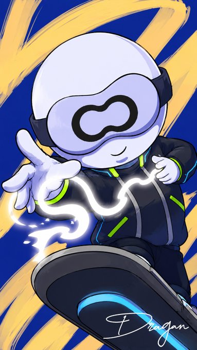 A digital illustration of a white, helmeted cartoon character wearing a black jacket with green accents and a glowing infinity symbol on the visor, set against a blue and yellow brushstroke background, signed 'Diagan'.
