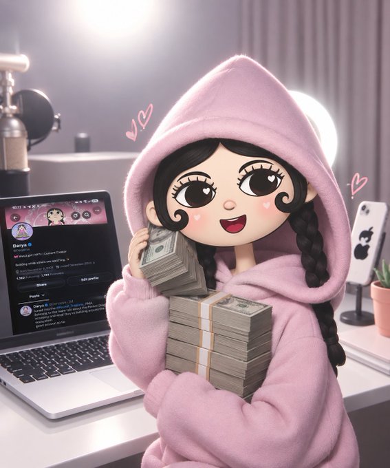 An animated illustration of a cute character in a pink hoodie holding stacks of cash, with heart decorations, sitting at a desk with a laptop showing a YouTube channel.