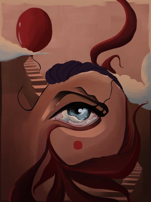 A surreal digital painting featuring a large, realistic human eye shedding a tear, surrounded by a melting face with dark red hair and a floating red balloon.