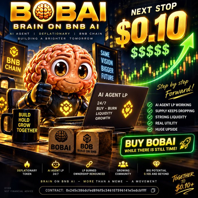 A promotional graphic for 'BOBAI BRAIN ON BNB AI' featuring an anthropomorphic brain character giving a thumbs up, displaying a 'Next Stop $0.10' and contract address '0x245c386dcfed896f5c346107596141e5edcbffff'.