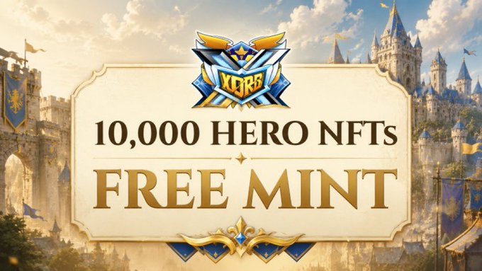 A promotional banner with a castle backdrop featuring a shield logo and the text '10,000 HERO NFTs FREE MINT' in gold lettering.
