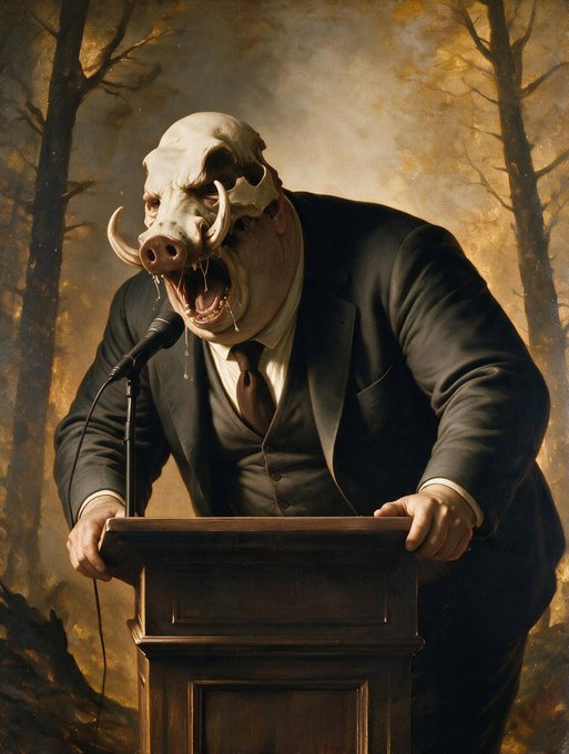 A surreal digital illustration of a humanoid pig wearing a dark business suit, shouting into a microphone at a wooden podium in a dark forest setting.