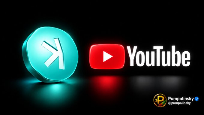 A teal 3D coin featuring the Kaspa (K) logo sits beside the official YouTube logo on a black background, promoting the @pumpolinsky channel's upcoming Kaspa ($KAS) content push. The bottom right corner displays the Pumpolinsky watermark with a Bitcoin "P" logo, reinforcing the creator's brand behind the campaign to trend Kaspa on YouTube.