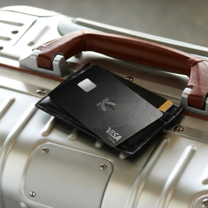 A black KAST Visa Infinite card rests in a leather holder atop a silver suitcase with a brown leather handle, symbolizing the card's growing utility for crypto-linked spending as its payment volume rises from 9.1 billion yen in January to 14.1 billion yen in July.