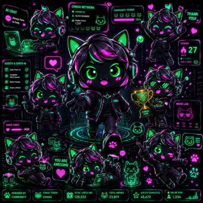 The image is a vibrant, neon-lit dashboard collage showcasing CHIKAI Network's community metrics in cyberpunk-cat style, featuring key stats like "Community Power 100%," a 27-day stream streak, 128,532 total check-ins, 23,819 memes, and 45,672 quests completed across various chibi cat mascot poses. It visually reinforces the post's celebration of the active CHIKAI community by displaying live engagement numbers and milestones achieved through chatting, scanning, memeing, and checking in on the Solana-based platform.
