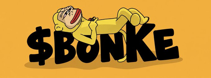 A cartoon character lounges atop bold black text reading "$BONKE" against a vibrant orange background, playfully illustrating the post about purchasing a bag from the crypto-native artist Bonke, whose Ethereum address (0x66aa29c11372d051a064cf029a5ab28eb21d8888) is referenced in the caption.