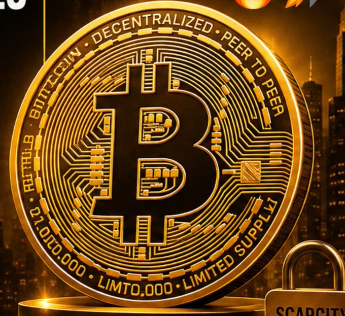 A large gold Bitcoin coin is displayed with text around the rim including 'DECENTRALIZED', 'PEER TO PEER', 'LIMITED SUPPLY', '21,000,000', and 'LIMTO,000', alongside a lock icon labeled 'SCARCITY'.