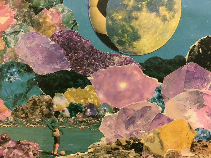 A surreal collage artwork featuring a small figure of a boy standing before a landscape of massive, colorful crystals and geodes under a night sky with two large moons.