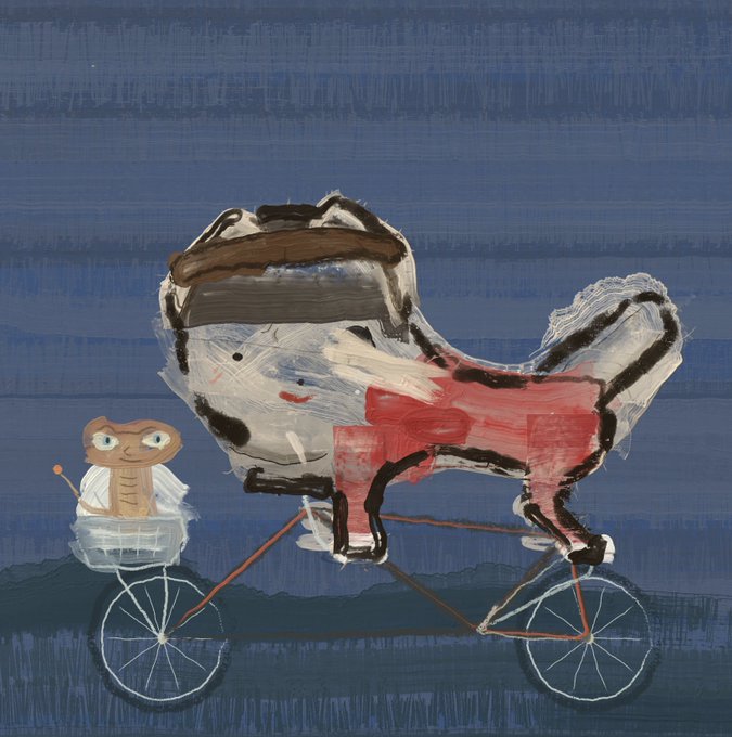 A whimsical painting of a black and white cat wearing a red garment riding a bicycle, with a small brown creature in the front basket, against a blue background.