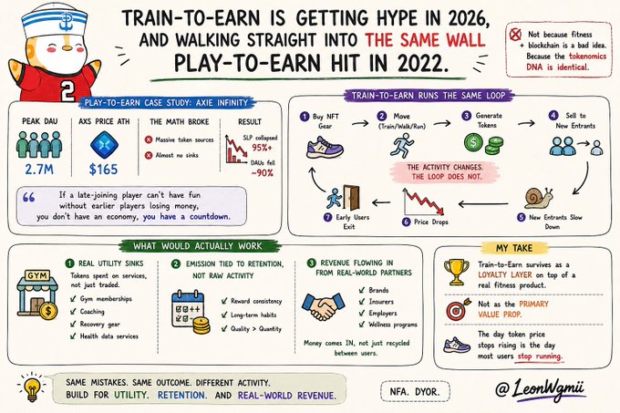 An infographic titled 'TRAIN-TO-EARN IS GETTING HYPE IN 2026, AND WALKING STRAIGHT INTO THE SAME WALL PLAY-TO-EARN HIT IN 2022' by @LeonWambi, analyzing the Axie Infinity case study with peak DAU of 2.7M and AXS price of $165.