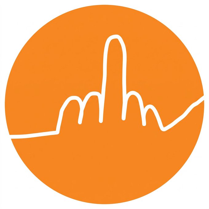 A minimalist orange circular logo depicting a white outline of a hand with the middle finger extended.