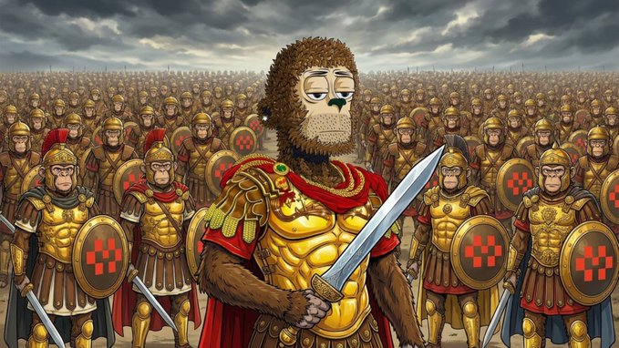 The image features a cartoon monkey holding a sword, surrounded by other monkeys dressed in armor. The scene appears to be set in a jungle or forest environment with a cloudy sky overhead. The caption reads "In my opinion, Legion Republic is the next big stage in the evolution of Web3 community platforms. I am personally ready to invest my time and energy right now. Together we can build something completely new. A new path for Web3 communities and real influencers."