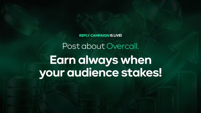 A green promotional graphic stating 'REPLY CAMPAIGN IS LIVE! Post about Overcall. Earn always when your audience stakes!' against a dark background with money bag imagery.