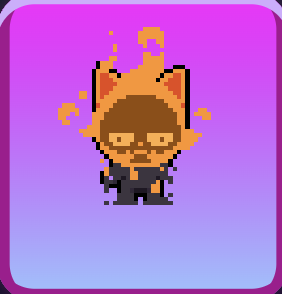 A pixel art illustration features a character with brown hair and glasses, wearing a black outfit, surrounded by orange flame-like auras, set against a purple gradient background.