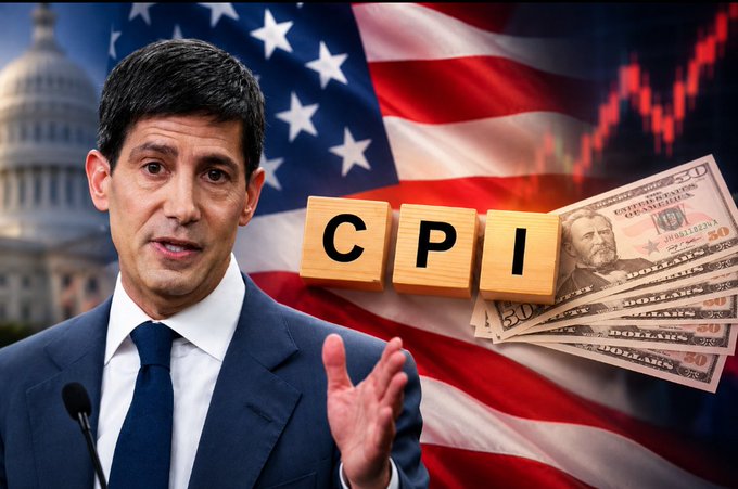 A man in a suit stands at a podium with the U.S. Capitol, an American flag, and fanned-out $50 bills behind him, alongside wooden blocks spelling "CPI" and a downward-trending red stock chart. The image visually reinforces the post's message about U.S. CPI data matching expectations, with the flag and Capitol setting symbolizing the U.S. economic context and the chart suggesting favorable market reaction to the in-line inflation figures.