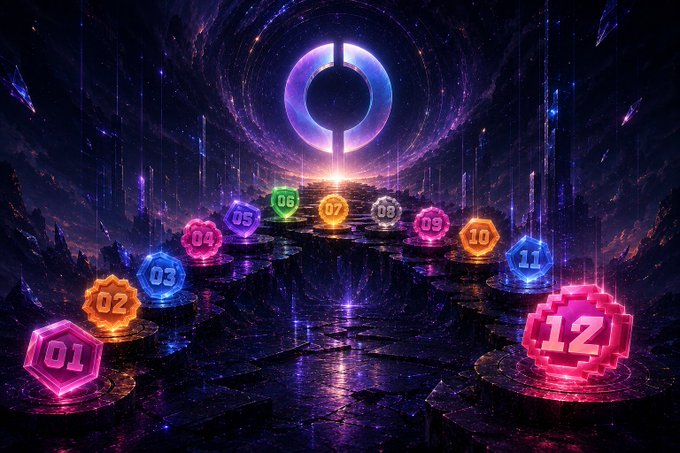 A vibrant, futuristic cosmic scene features twelve glowing hexagonal tokens numbered 01-12 arranged on pedestals, leading toward a luminous portal or vortex.